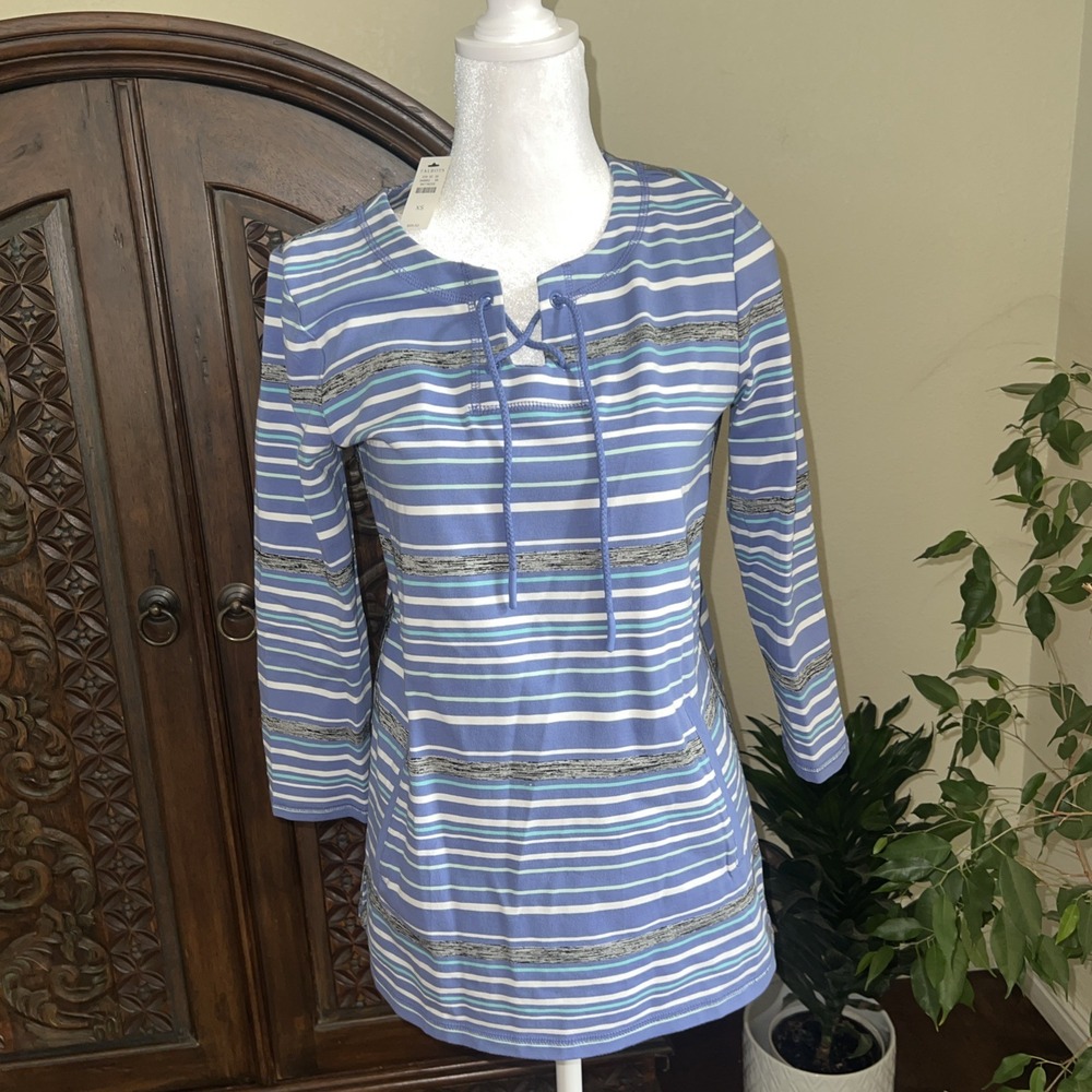 TALBOTS XS 3/4 Sleeve Kangaroo Pocket Top LavenderStripe new with tags